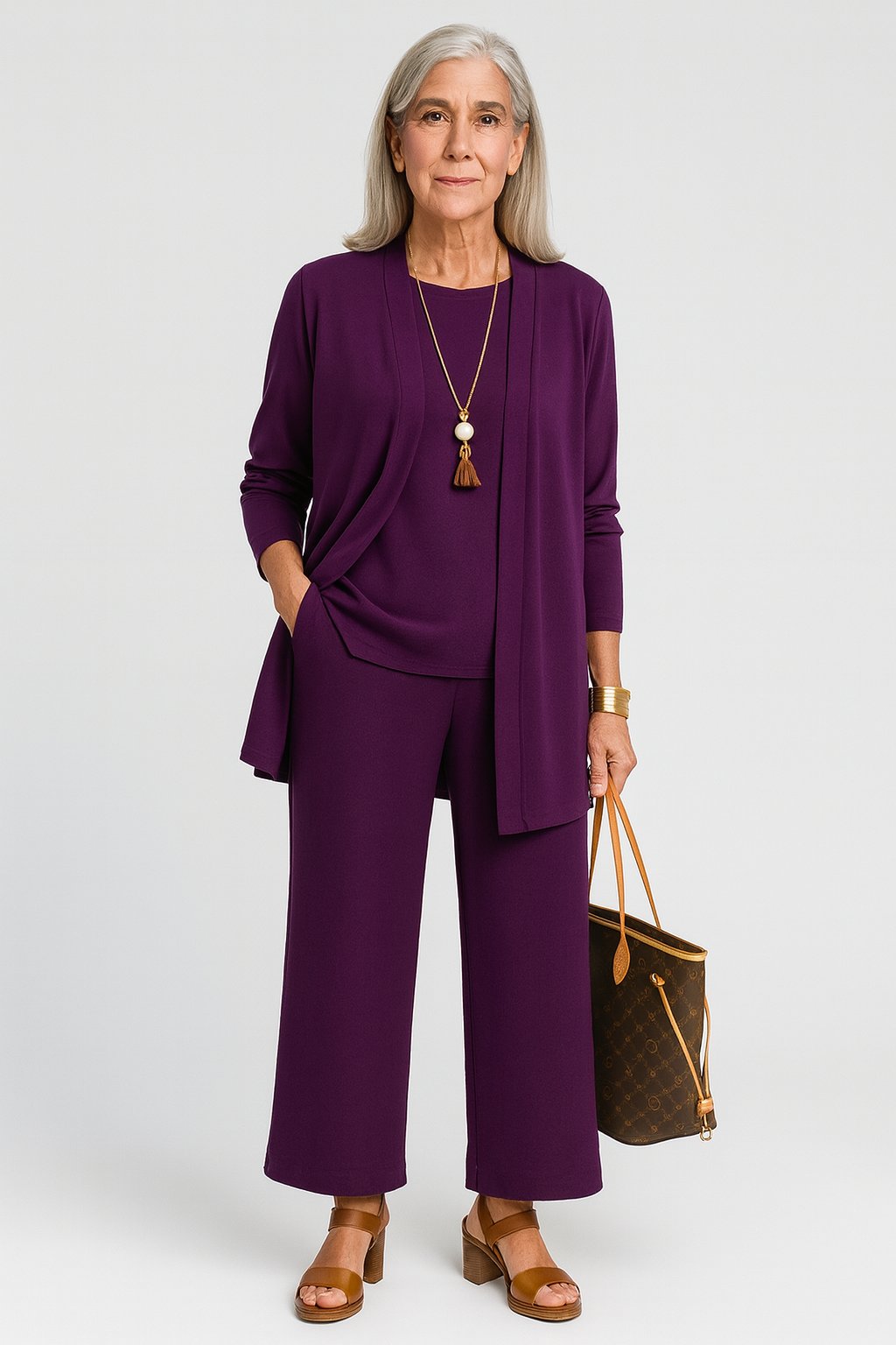 3-Piece Cardigan Set Tank Top Wide Leg Pants Matching - Purple