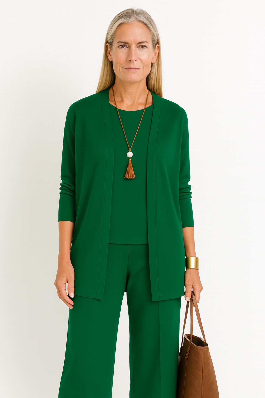 3-Piece Cardigan Set Tank Top Wide Leg Pants Matching - Green