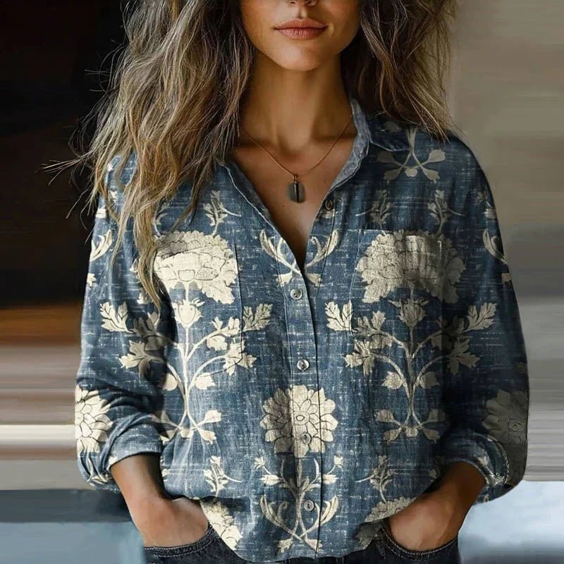 Button Down Blouse Paisley Print Bohemian Vintage Long Sleeve - Blue