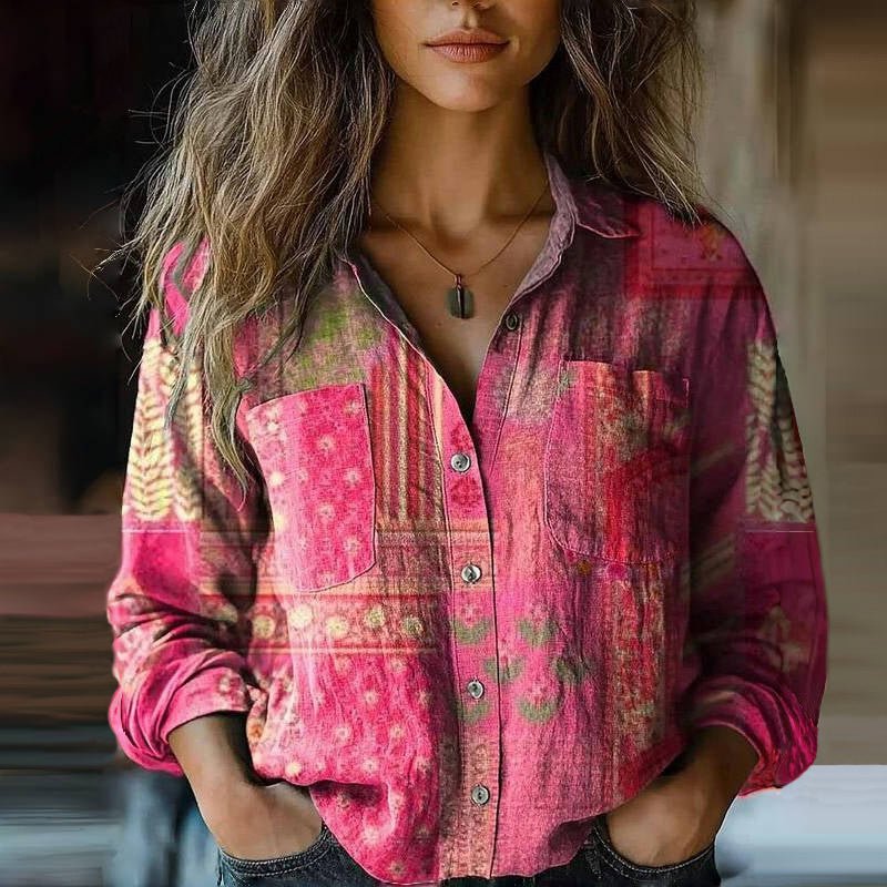 Button Down Blouse Paisley Print Bohemian Vintage Long Sleeve - Pink