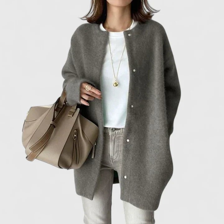 Cardigan Button-Front Longline Wool Blend Oversized - Gray