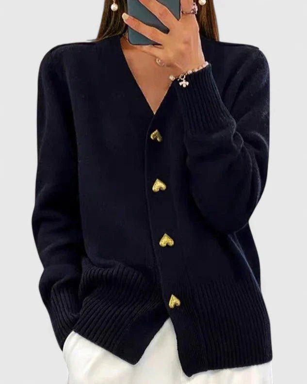 Cardigan Heart Button Long Sleeve Knit V-Neck Women - Black