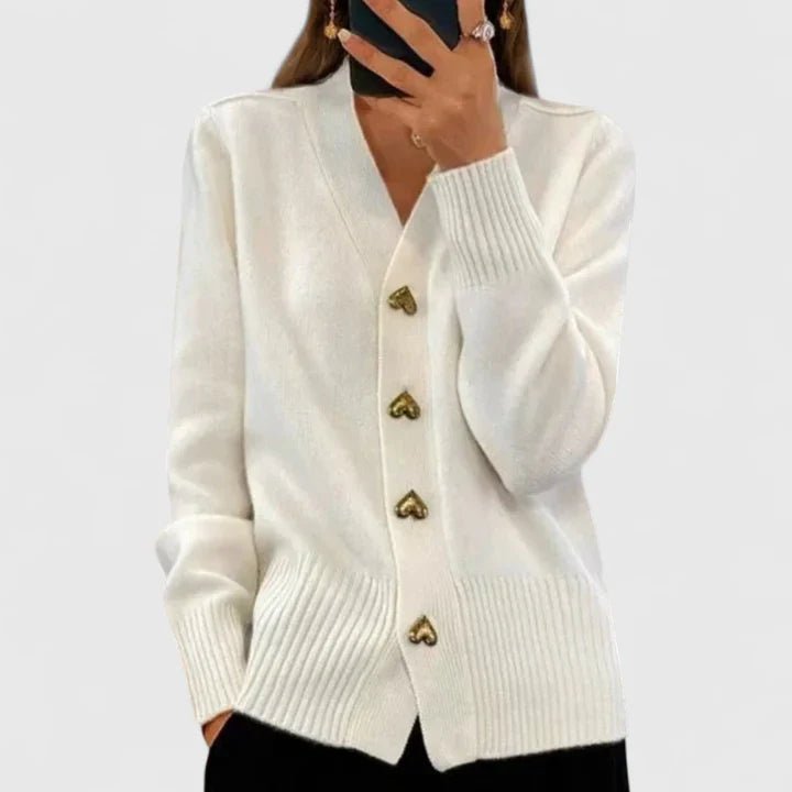 Cardigan Heart Button Long Sleeve Knit V-Neck Women - White