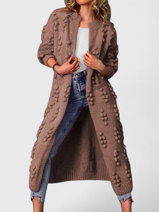 Cardigan Long Knit Open Front Pom Pom Detail Duster - Coffee