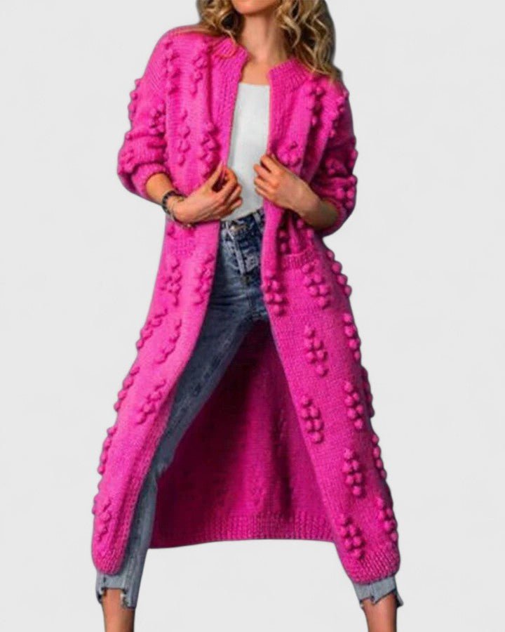 Cardigan Long Knit Open Front Pom Pom Detail Duster - Rose Red