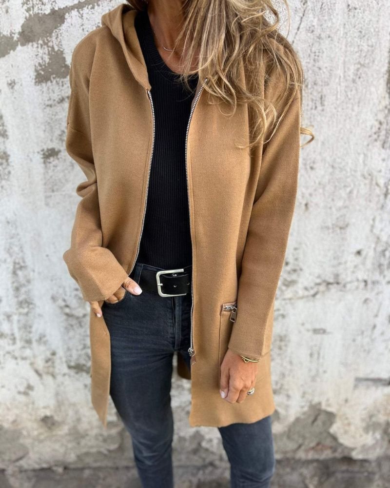 Cardigan Long Sleeve Zip Front Hooded Jacket - Brown