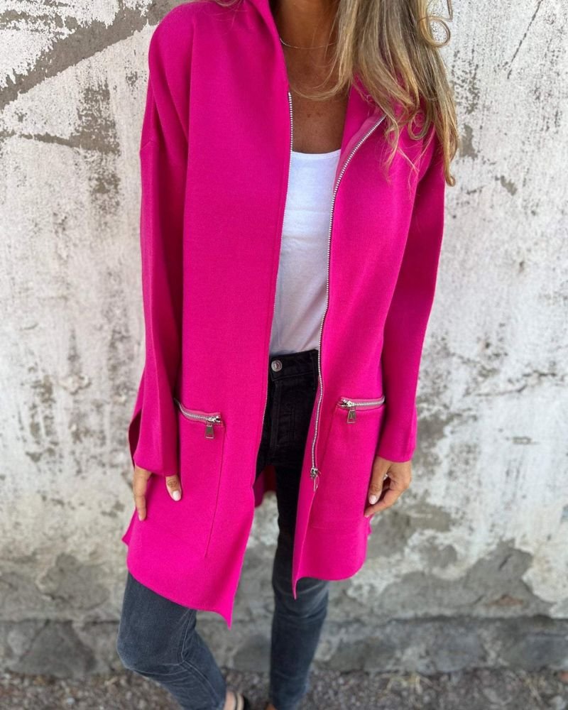 Cardigan Long Sleeve Zip Front Hooded Jacket - Pink