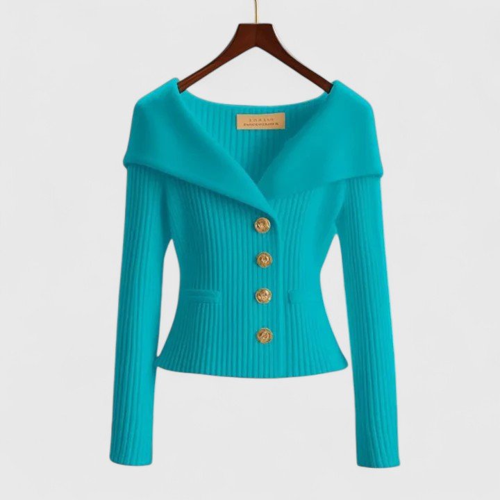 Cardigan Off-Shoulder Ribbed Knit Button-Front Long Sleeve - Blue