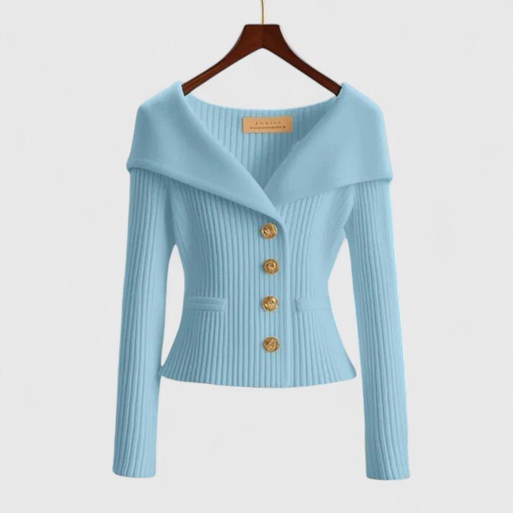 Cardigan Off-Shoulder Ribbed Knit Button-Front Long Sleeve - Sky Blue
