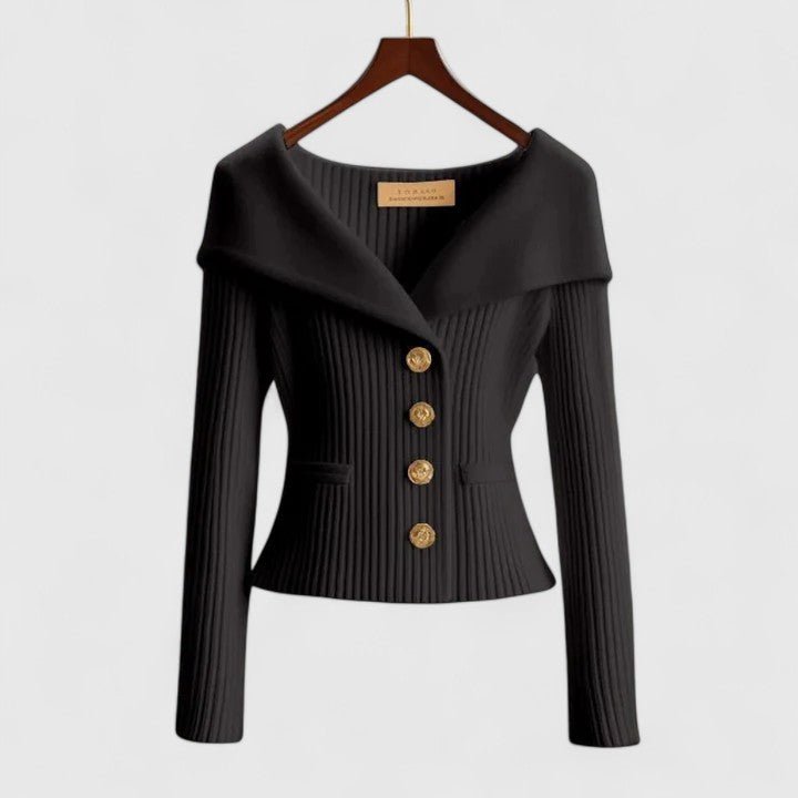 Cardigan Off-Shoulder Ribbed Knit Button-Front Long Sleeve - Black