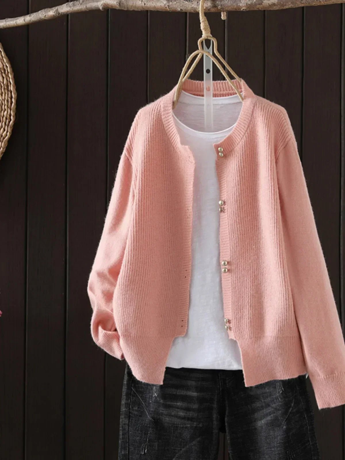 Cardigan Pearl Button Crew Neck Relaxed Fit - Pink
