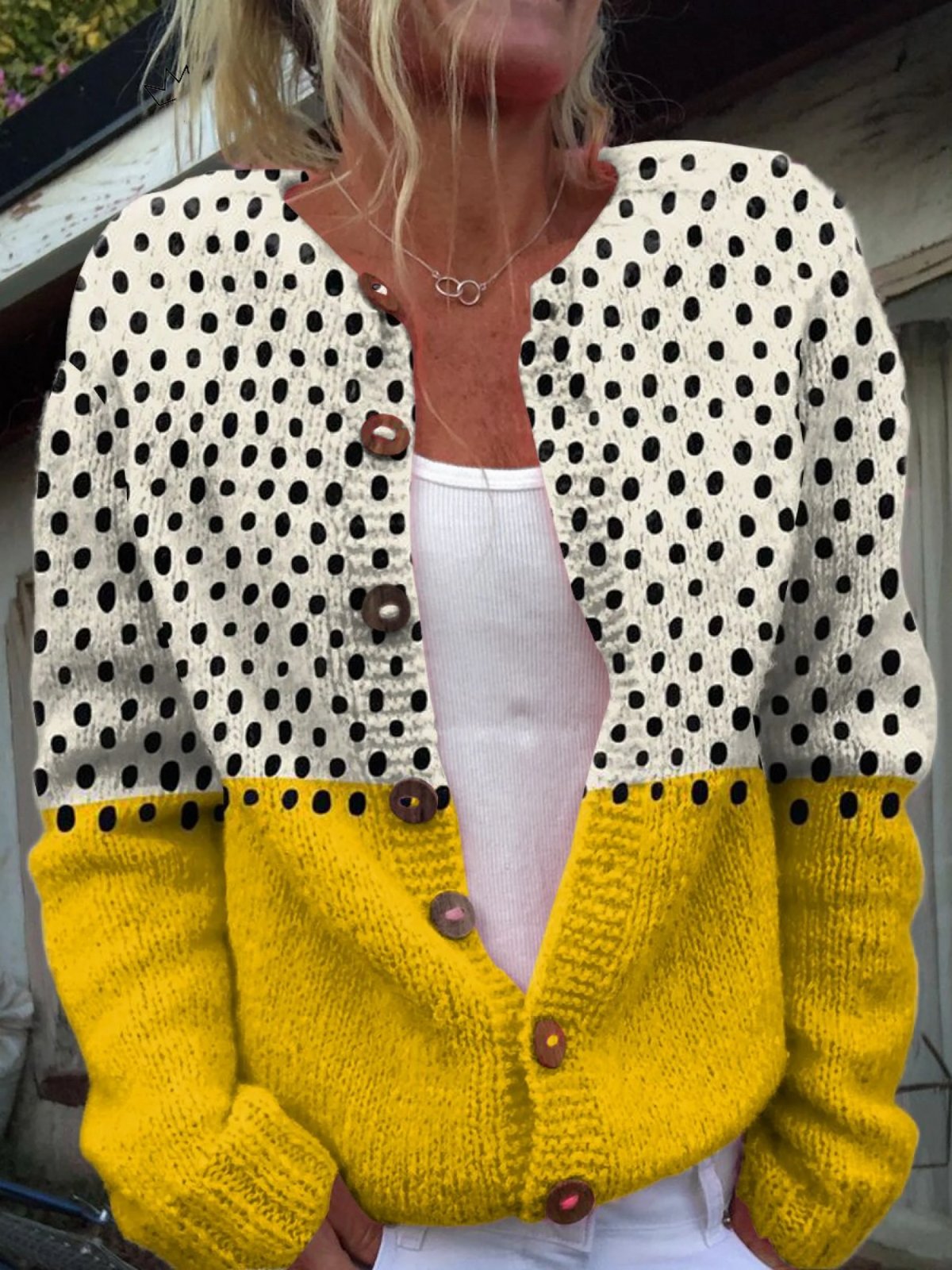 Cardigan Polka Dot Colour Block Open Front Button Up - Multi-colored