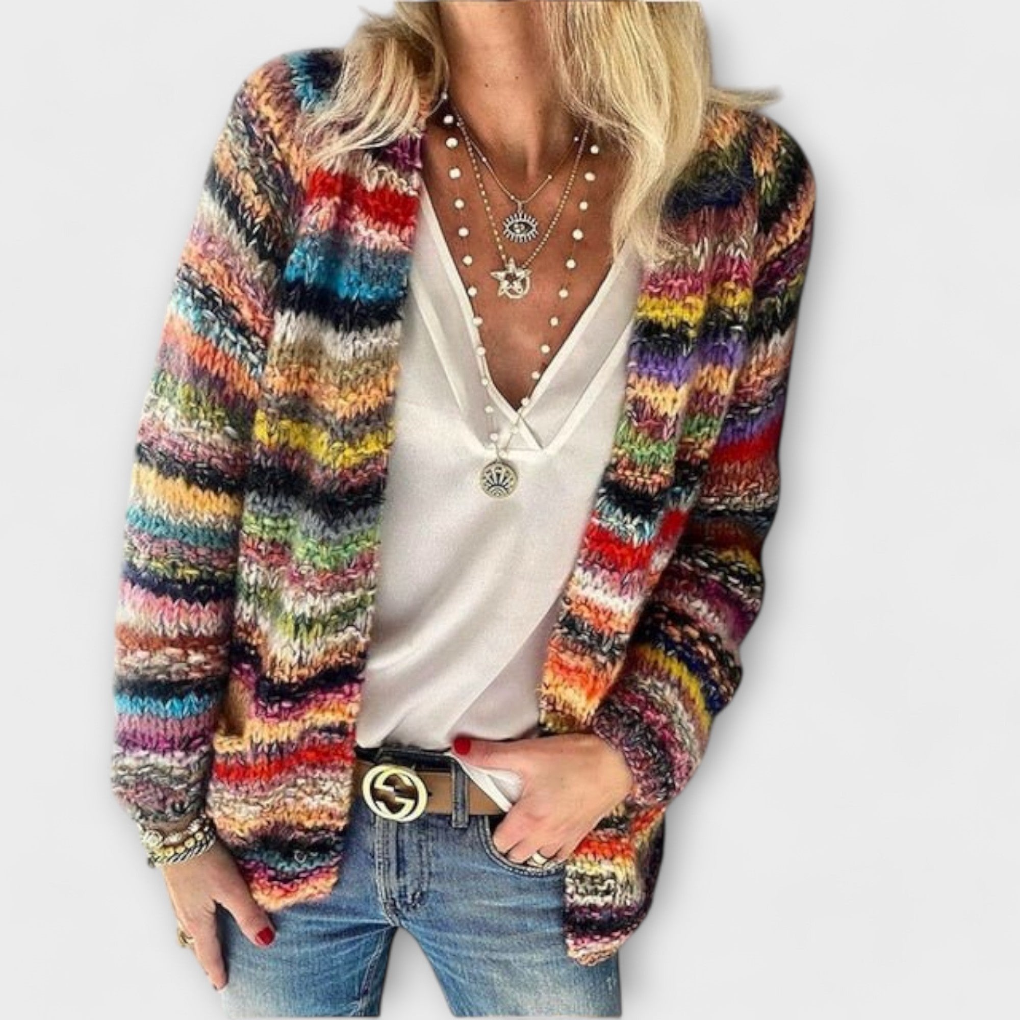 Cardigan Rainbow Striped Knit Open Front Long Sleeve - Red