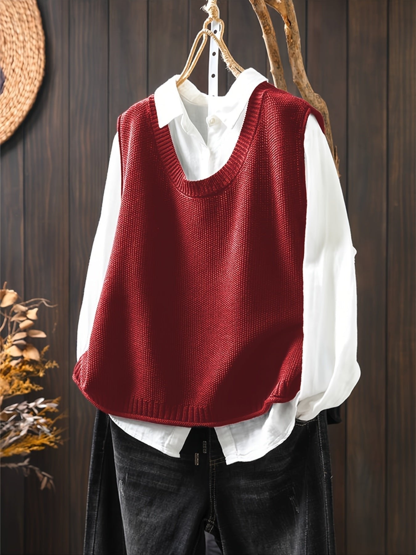 Cardigan Sleeveless Knitted Vest V-Neck Layering - Red