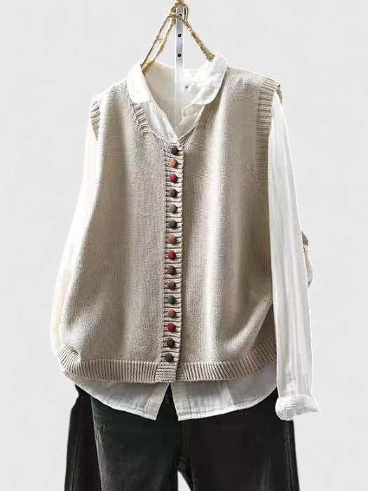 Cardigan Vest Sleeveless Knit Button Front V-Neck - Off white