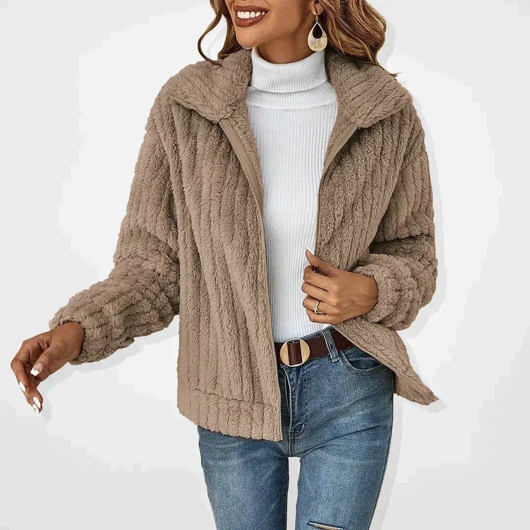 Cardigan Women's Fluffy Hooded Zip Up Soft Plush Jacket - Khaki