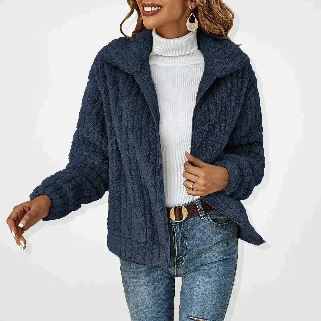Cardigan Women's Fluffy Hooded Zip Up Soft Plush Jacket - Navy blue
