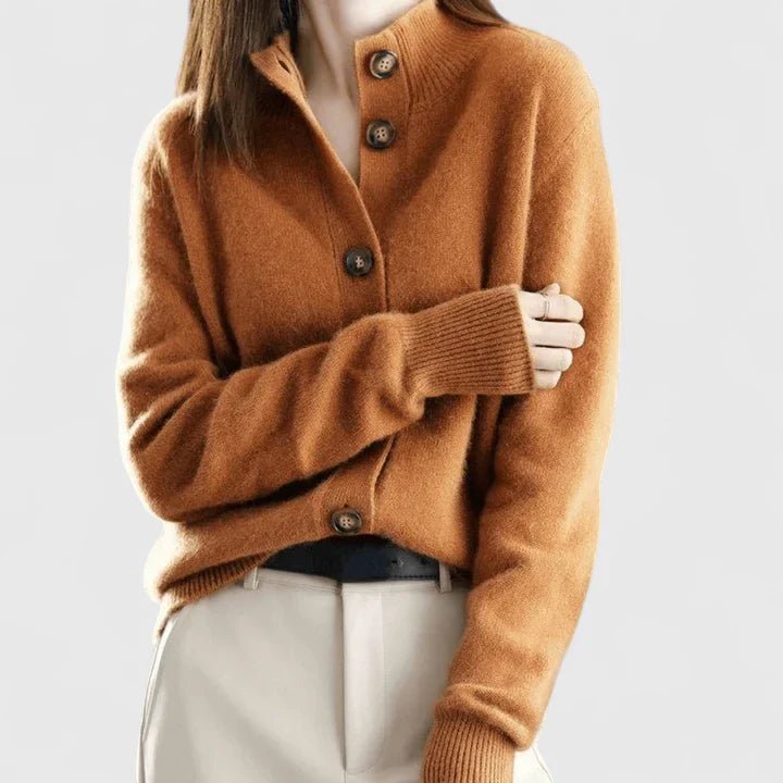 Cardigan Women's V-Neck Button-Up Navy Blue Knit - Orange