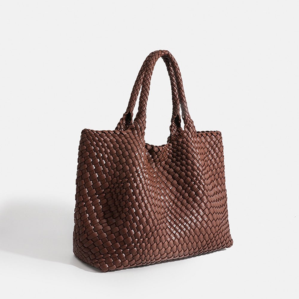 Chunky Basket Weave Leather-Look Tote Bags Open-Top Structured Shopper - Coffee Brown