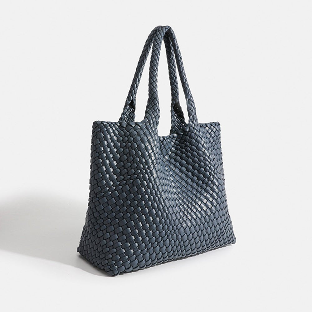 Chunky Basket Weave Leather-Look Tote Bags Open-Top Structured Shopper - Metal Gray