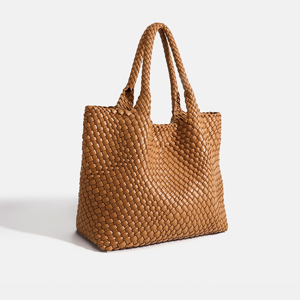 Chunky Basket Weave Leather-Look Tote Bags Open-Top Structured Shopper - Rust Brown