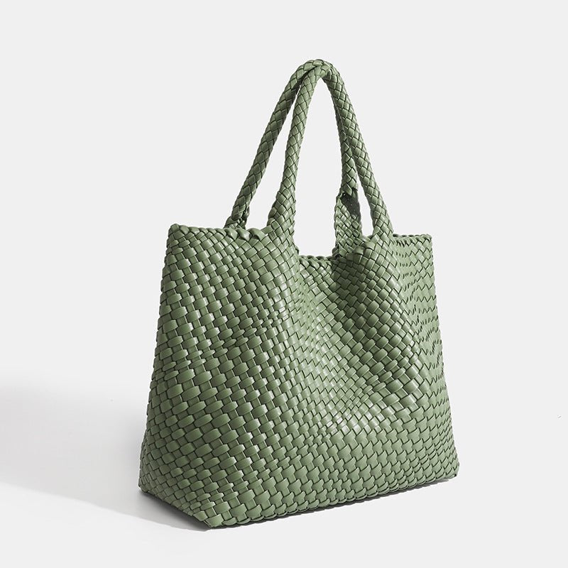 Chunky Basket Weave Leather-Look Tote Bags Open-Top Structured Shopper - Light Green
