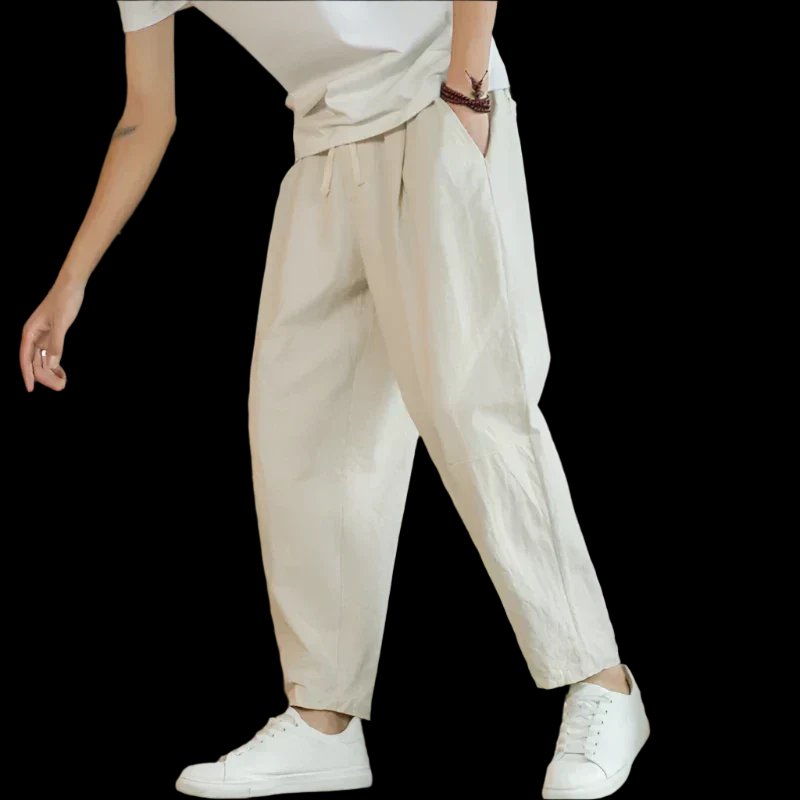 Cotton Wide Leg Pants High Waist Pleated Relaxed Fit - Beige
