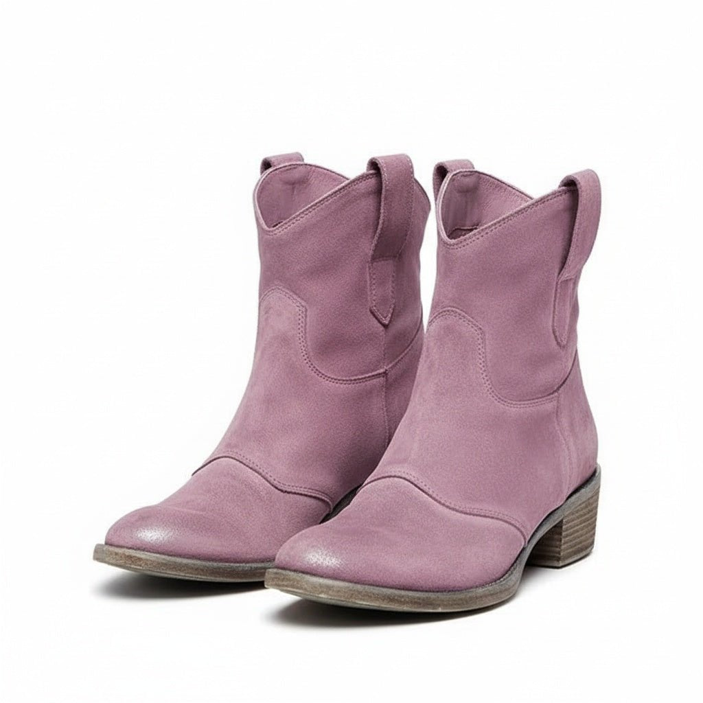 Cowboy Boots Ankle Western Vintage Style Suede Block Heel - Pink