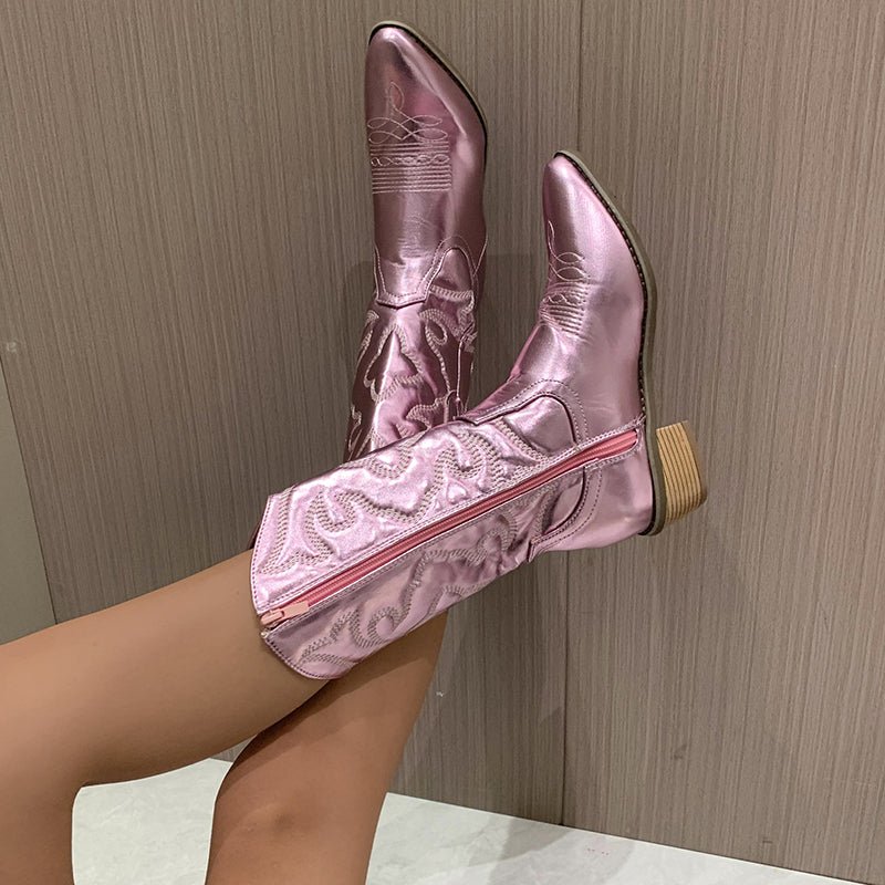 Cowboy Boots Metallic Western Mid-Calf Pointed Toe