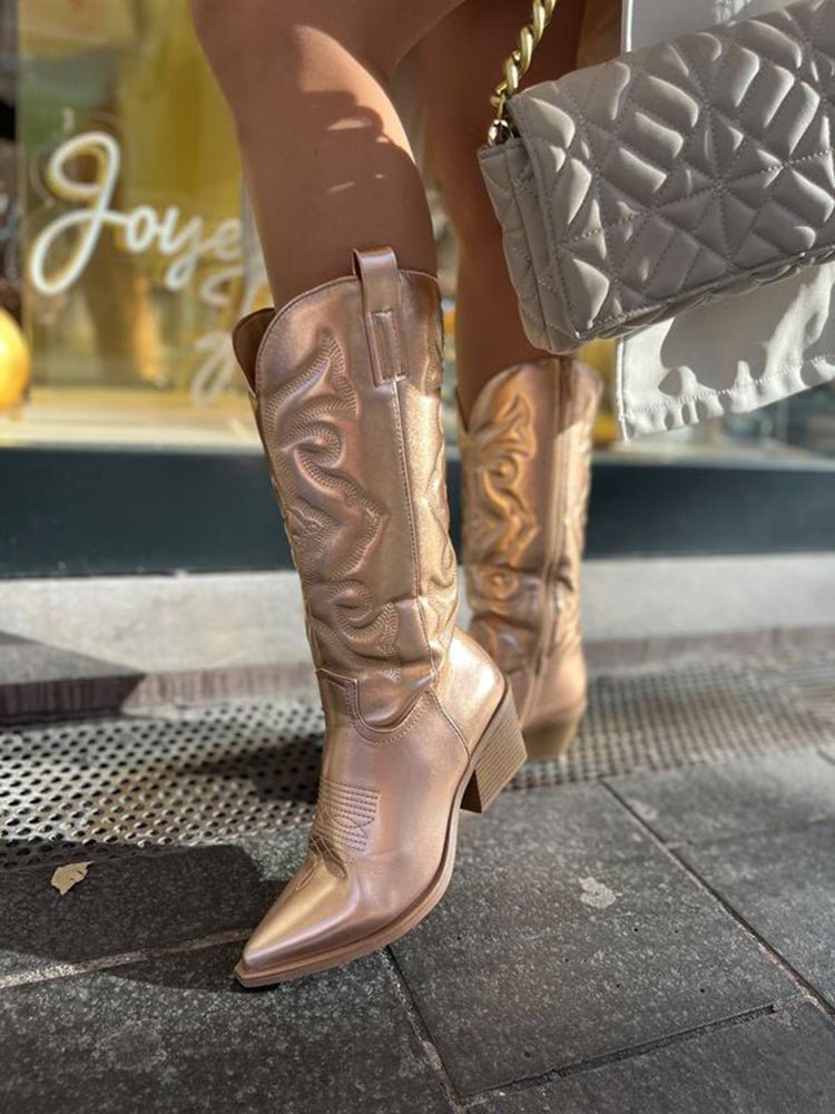 Cowboy Boots Metallic Western Mid-Calf Pointed Toe