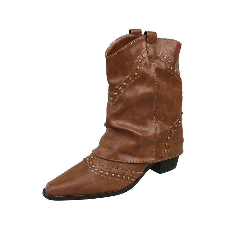 Cowboy Boots Studded Western Mid-Heel Women's - Brown