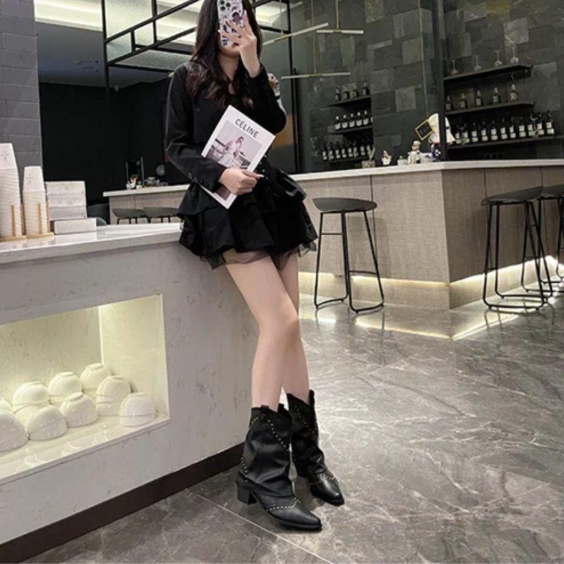 Cowboy Boots Studded Western Mid-Heel Women's