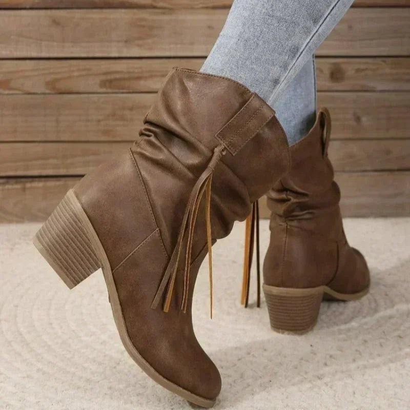 Cowboy Boots Western Ankle Boots Braided Strap Block Heel