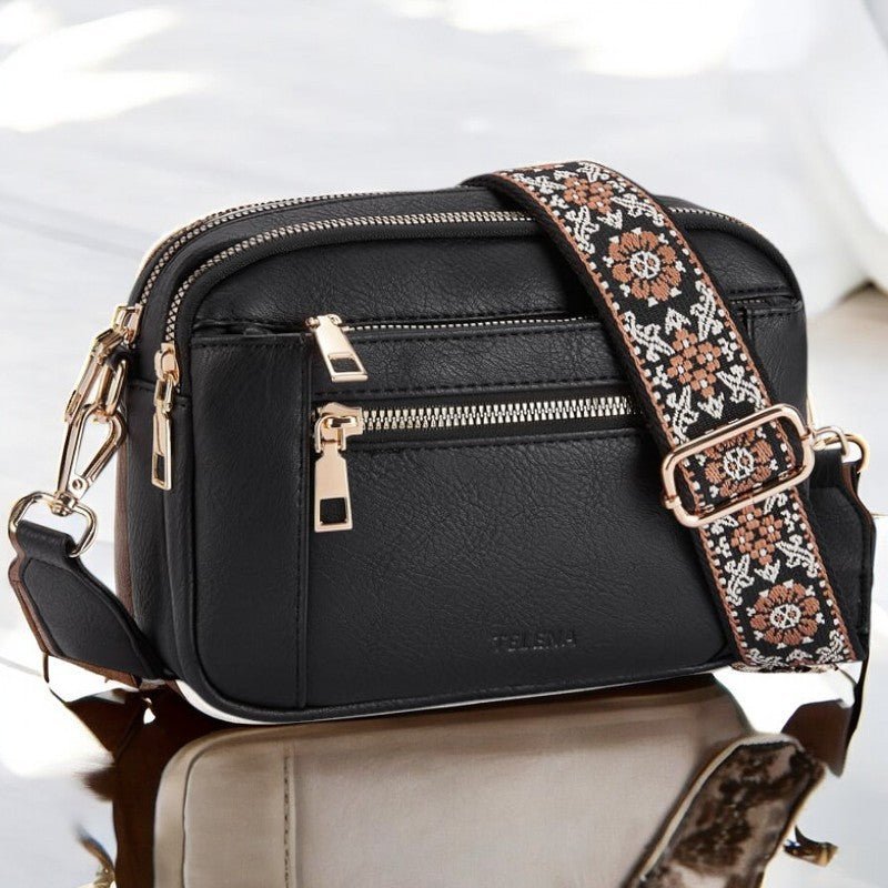 Crossbody Shoulder Bag Faux Leather Multiple Compartments - Black