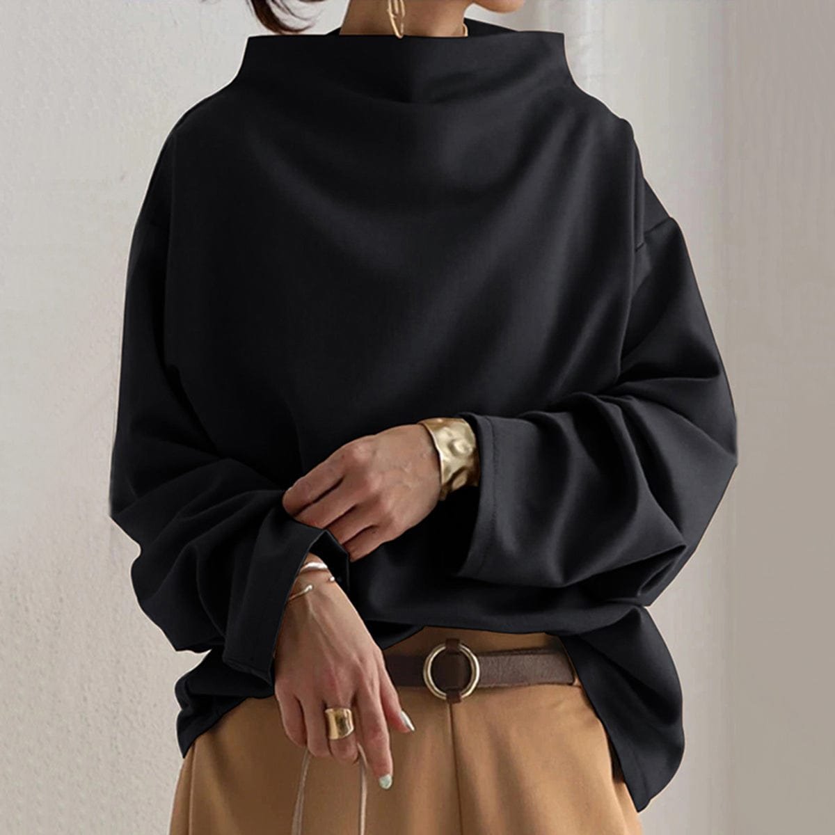 High Neck Knit Top Oversized Long Sleeve Relaxed Fit - Black