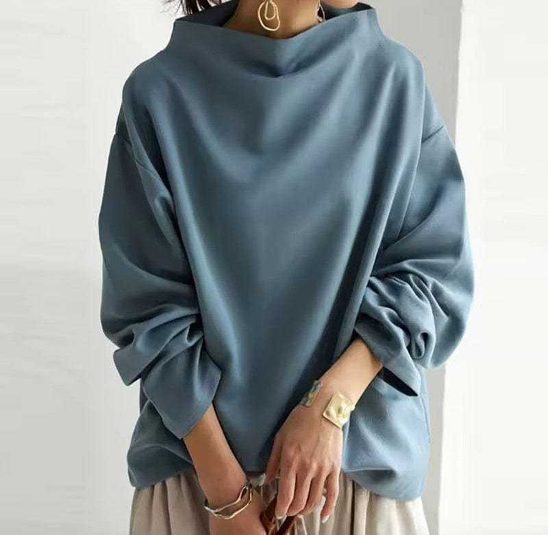 High Neck Knit Top Oversized Long Sleeve Relaxed Fit - Blue