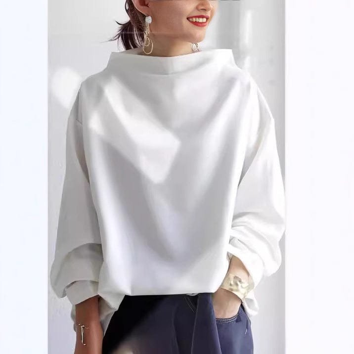 High Neck Knit Top Oversized Long Sleeve Relaxed Fit - White