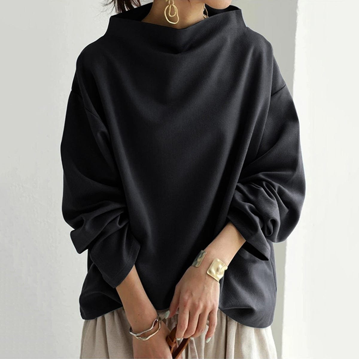 High Neck Knit Top Oversized Long Sleeve Relaxed Fit