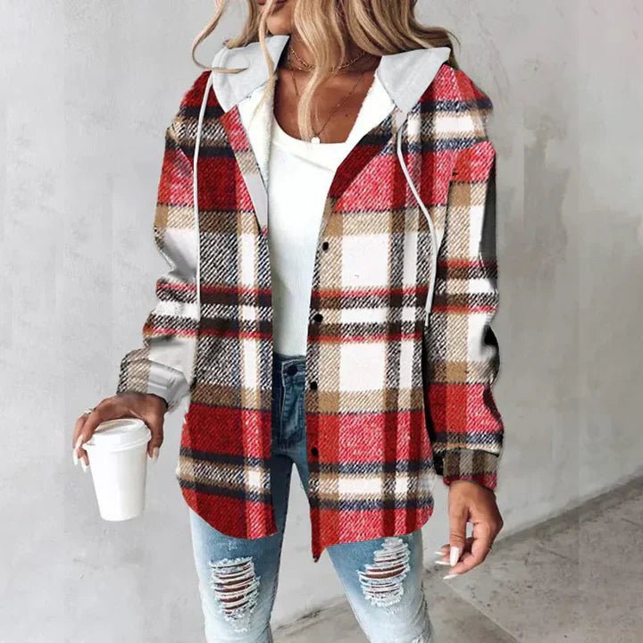Hooded Flannel Shirt Jacket Plaid Oversized Button Up - Red (almost sold out)