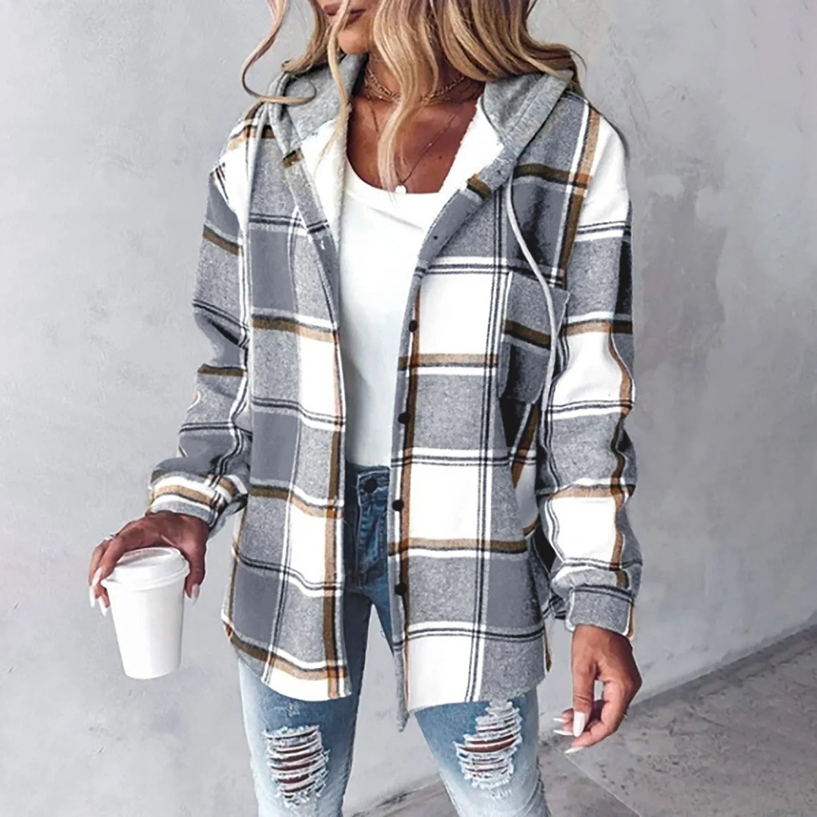 Hooded Flannel Shirt Jacket Plaid Oversized Button Up - Gray
