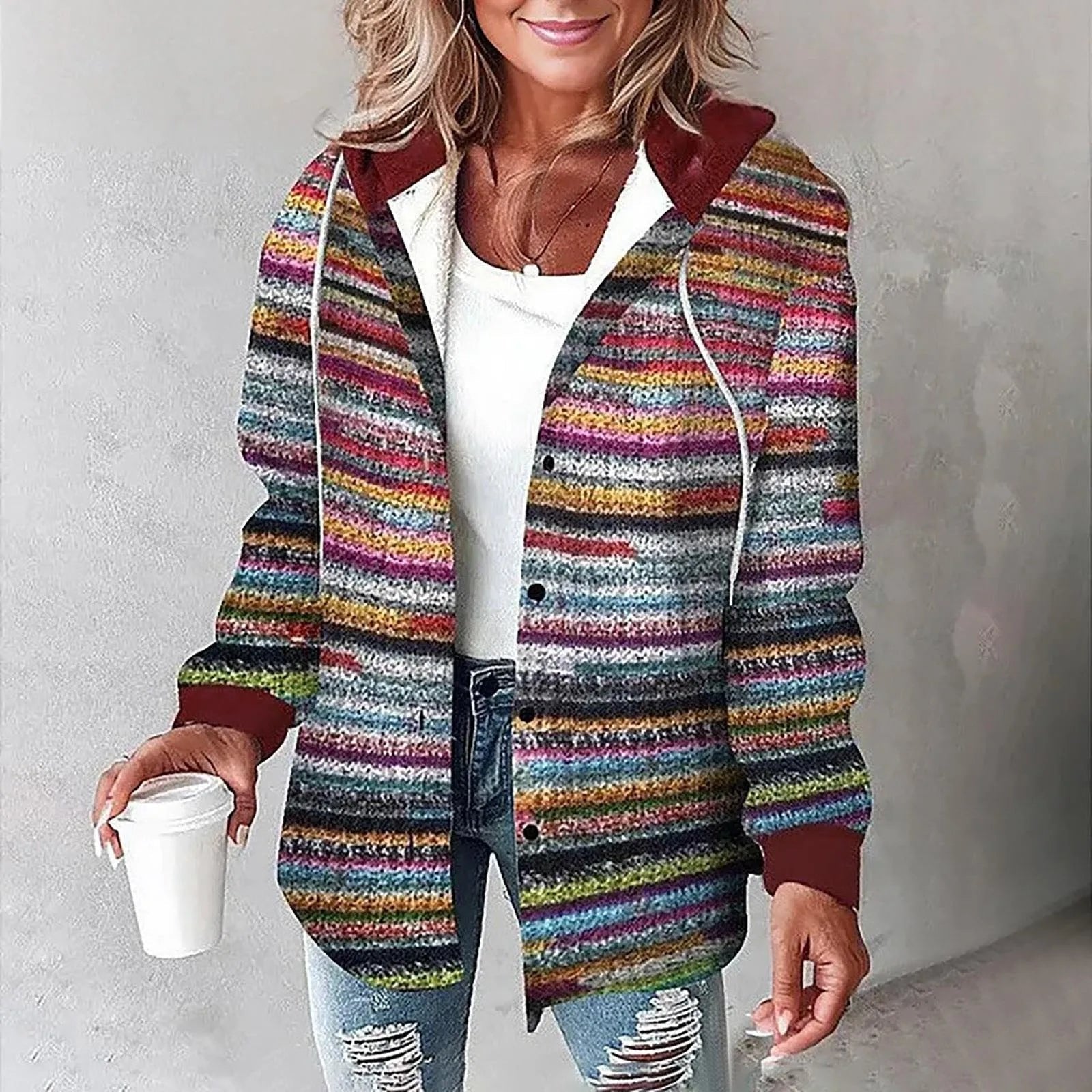 Hooded Flannel Shirt Jacket Plaid Oversized Button Up - Multicoloured
