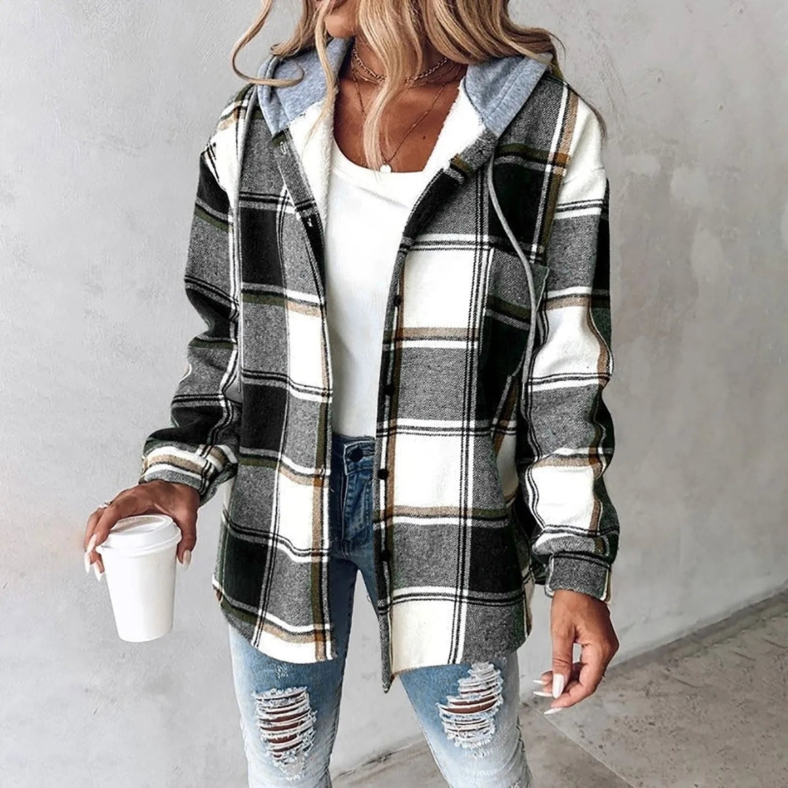 Hooded Flannel Shirt Jacket Plaid Oversized Button Up