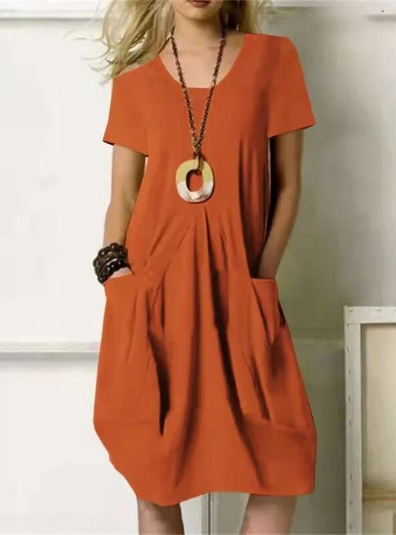 Knee-Length Dress Short Sleeve V-Neck Casual Pockets - Orange