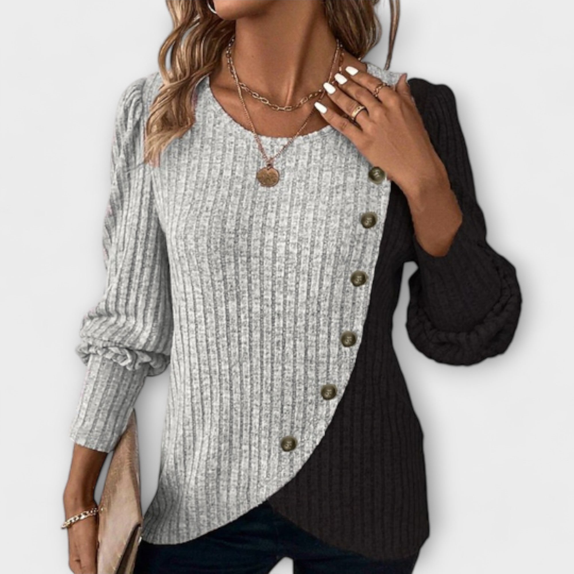 Knit Blouse Asymmetric Button Colourblock Long Sleeve - Grey