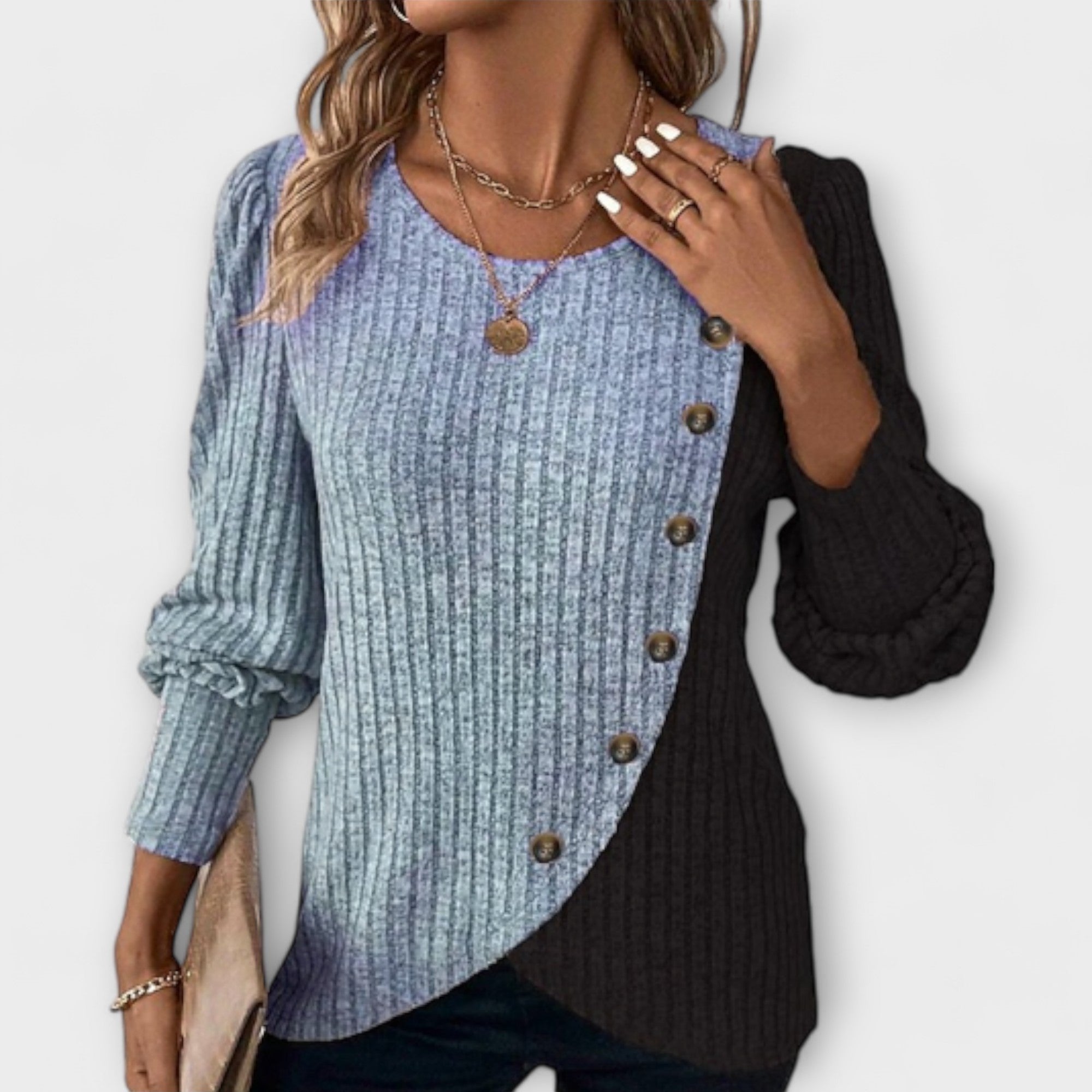 Knit Blouse Asymmetric Button Colourblock Long Sleeve - Blue