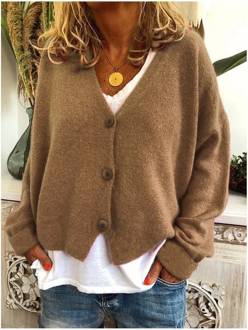 Knit Cardigan Button-Up V-Neck Relaxed Fit Layering - Khaki