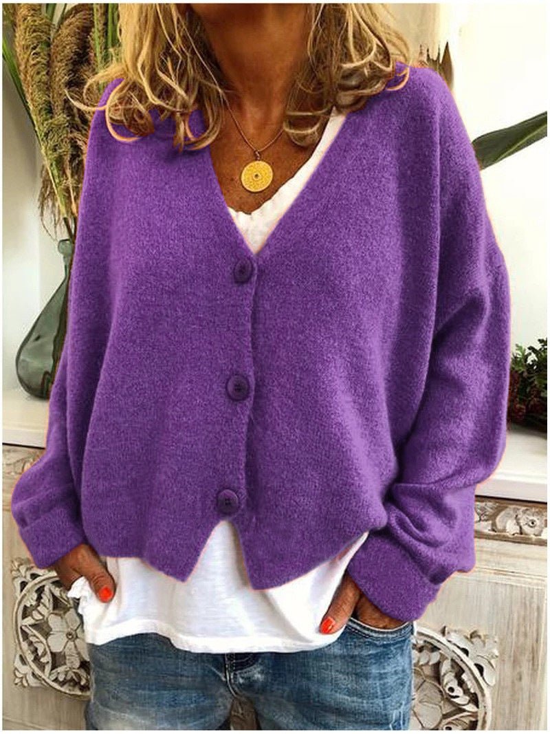 Knit Cardigan Button-Up V-Neck Relaxed Fit Layering - Purple