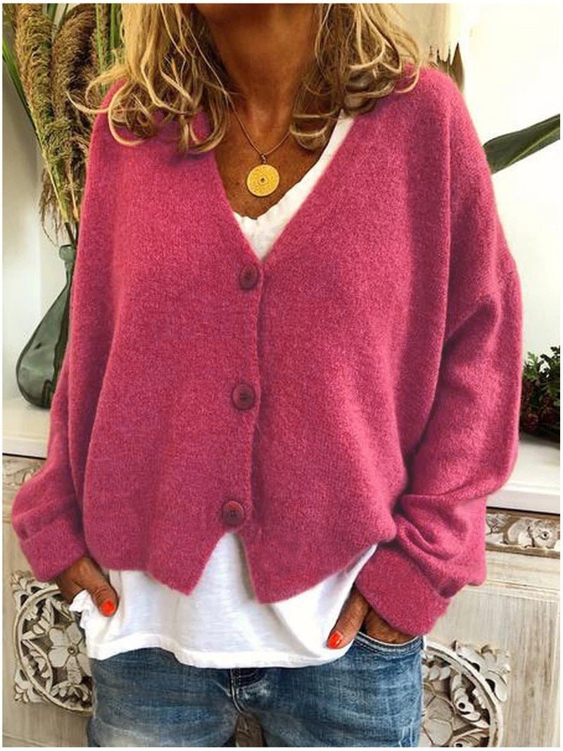 Knit Cardigan Button-Up V-Neck Relaxed Fit Layering - Rose Red