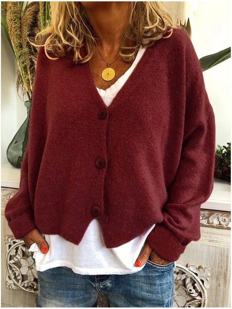 Knit Cardigan Button-Up V-Neck Relaxed Fit Layering - Maroon