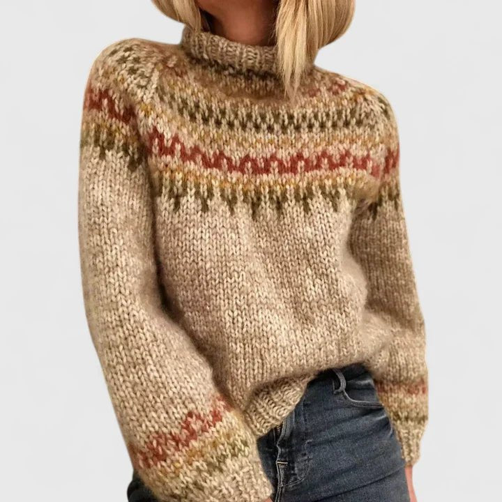Knit Nordic Fairisle Jumper High Neck Long Sleeve - Camel